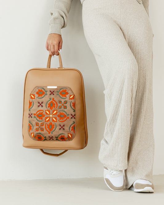 Laptop Cafe with Floral embroideries fabric Backpack/Cross - PAVO Egypt
