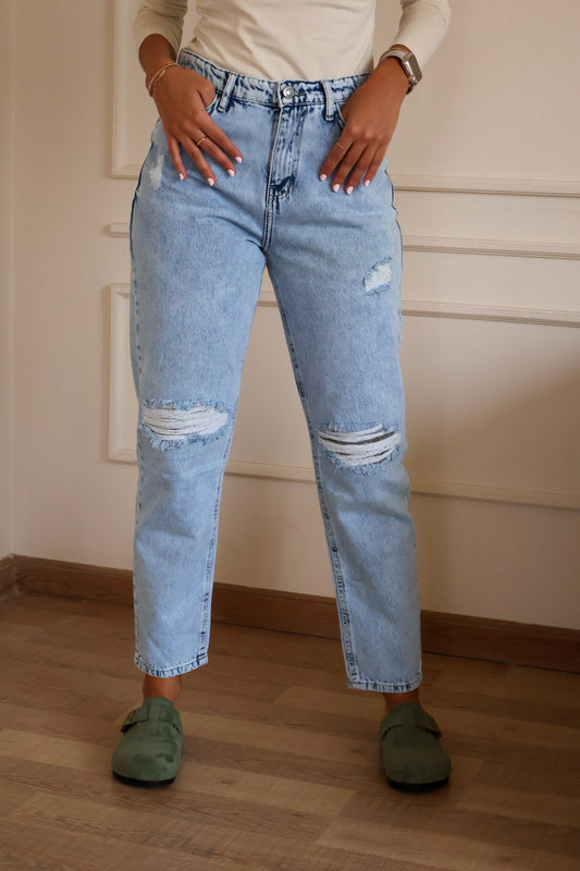Light blue Ripped Boy Friend Jeans - PAVO Egypt
