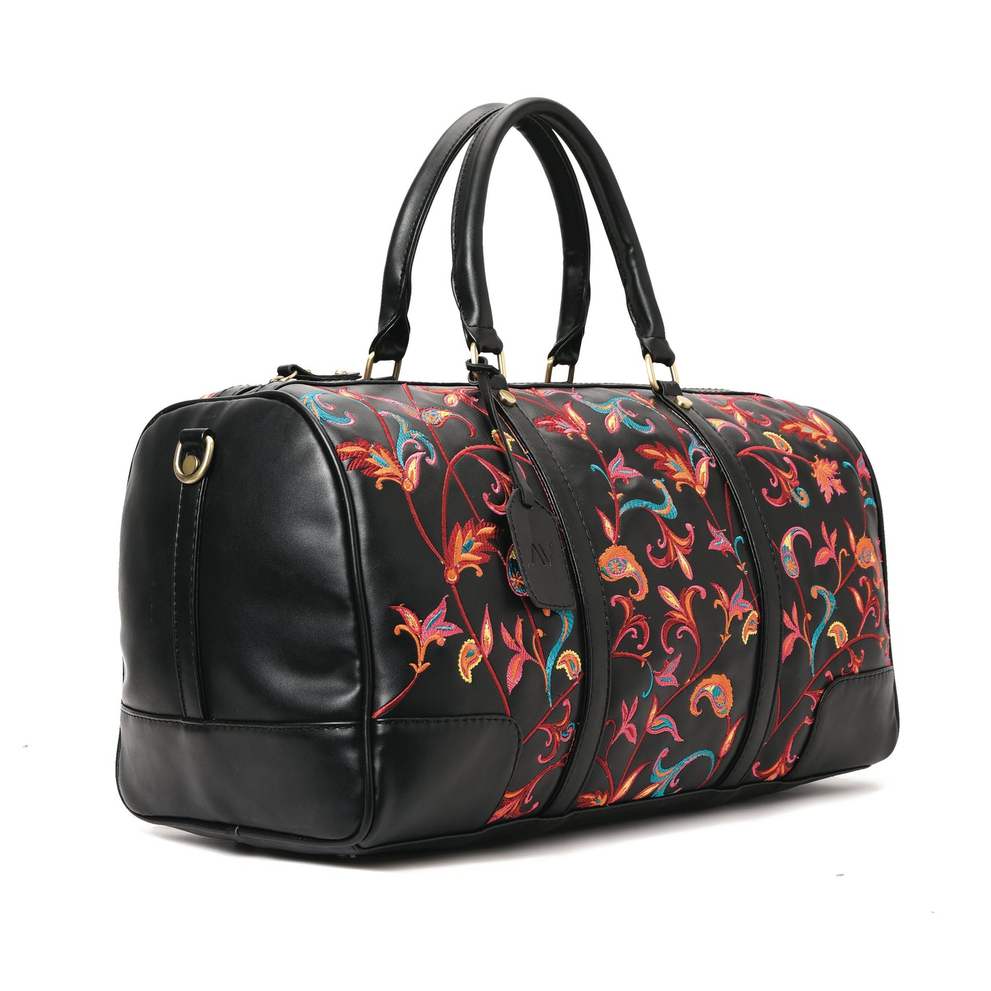 Duffle Bag Leather Indian Black with multi colored pavoegypt