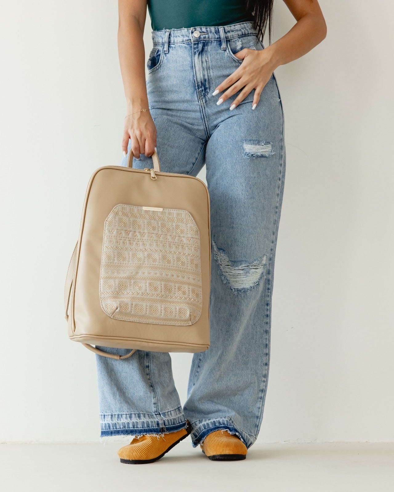 Laptop Beige with Beige embroideries fabric Backpack/Cross