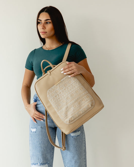 Laptop Beige with Beige embroideries fabric Backpack/Cross