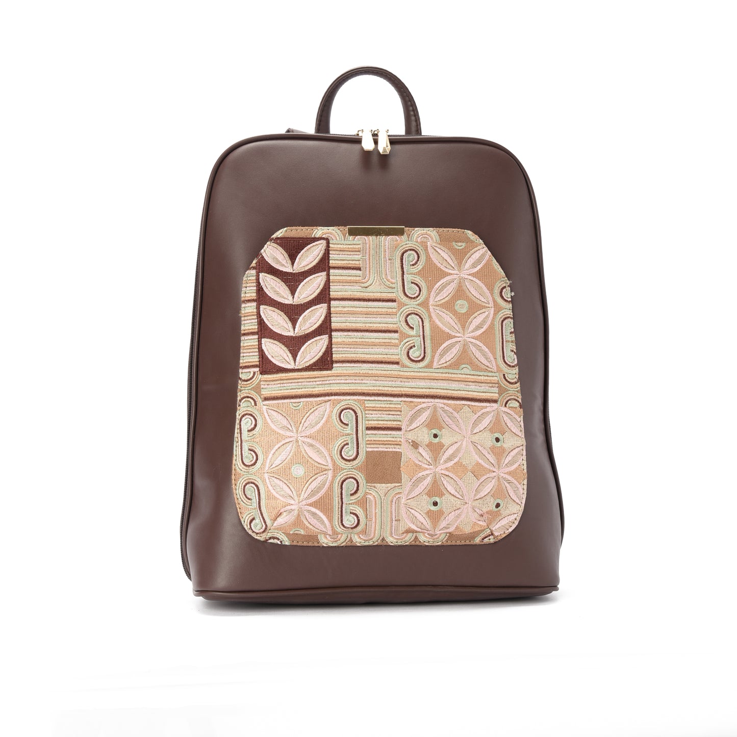 Laptop Brown with Wood embroideries fabric Backpack/Cross