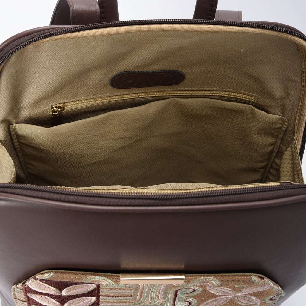 Laptop Brown with Wood embroideries fabric Backpack/Cross