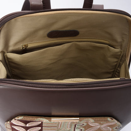 Laptop Brown with Wood embroideries fabric Backpack/Cross