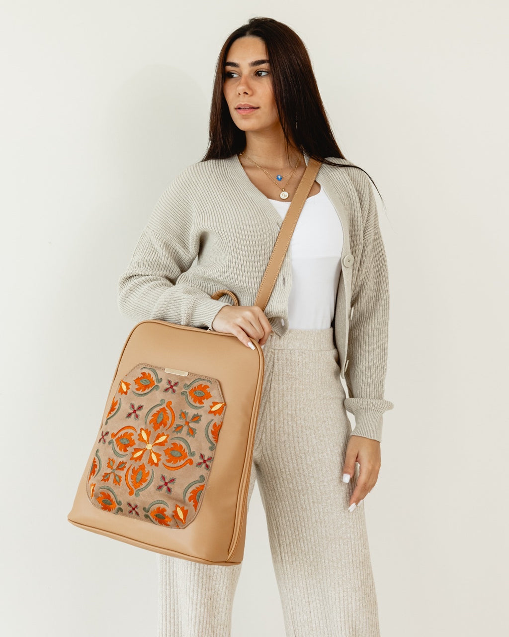 Laptop Cafe with Floral embroideries fabric Backpack/Cross - PAVO Egypt