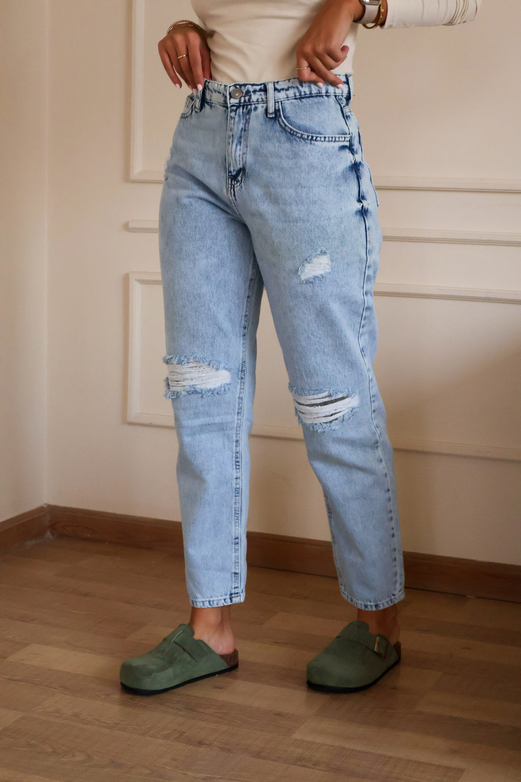 Light blue Ripped Boy Friend Jeans - PAVO Egypt