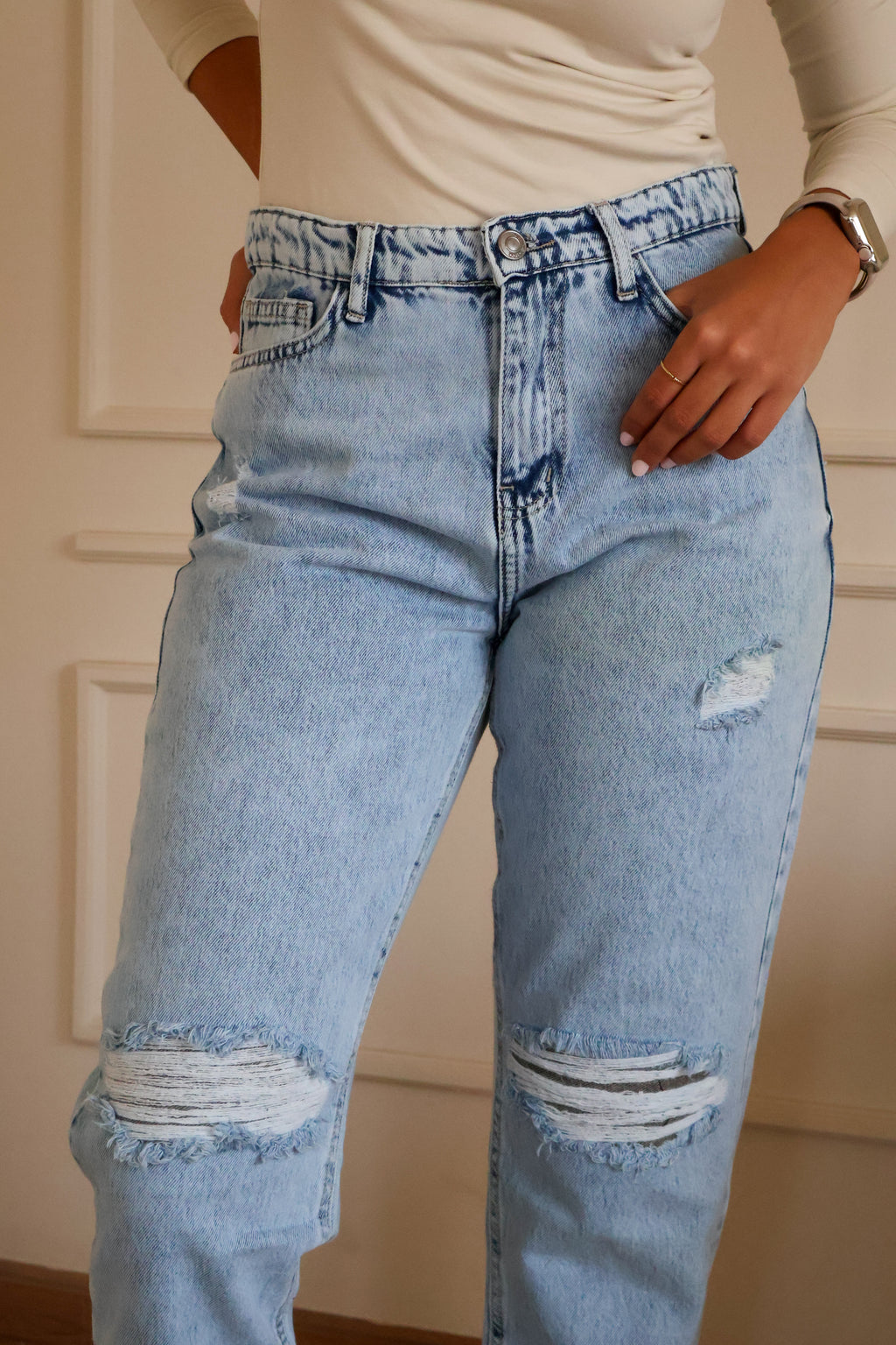 Light blue Ripped Boy Friend Jeans - PAVO Egypt