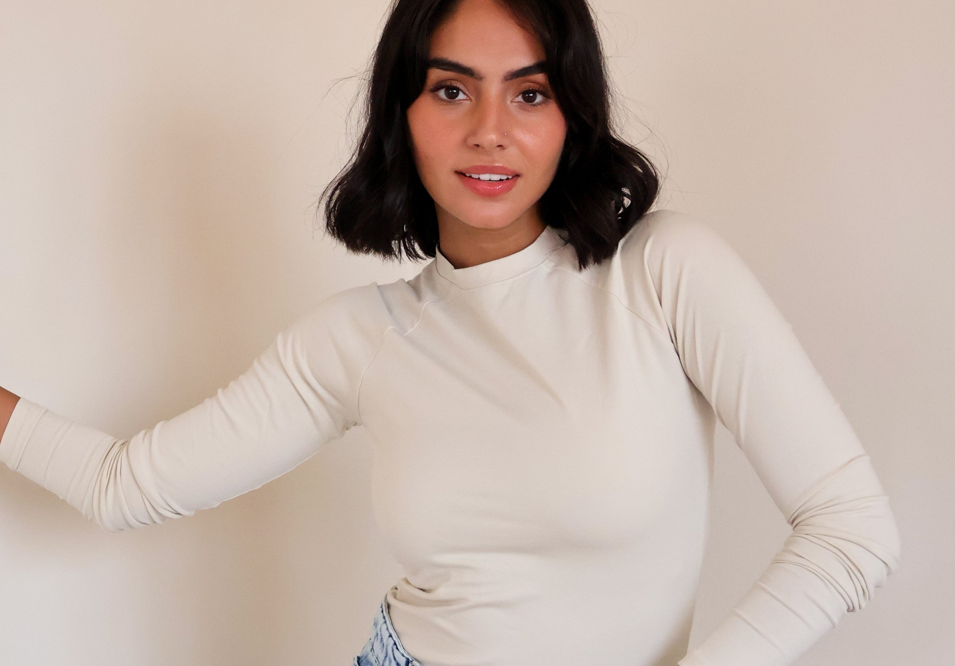 Beige Long sleeves Basic Top - PAVO Egypt