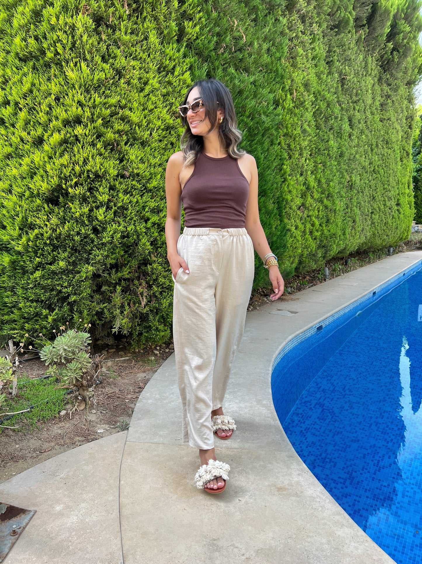 Beige mom fit linen pants