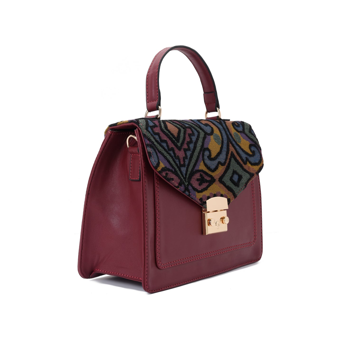 Burgandy Handbag with Colorful fabric- Code 905