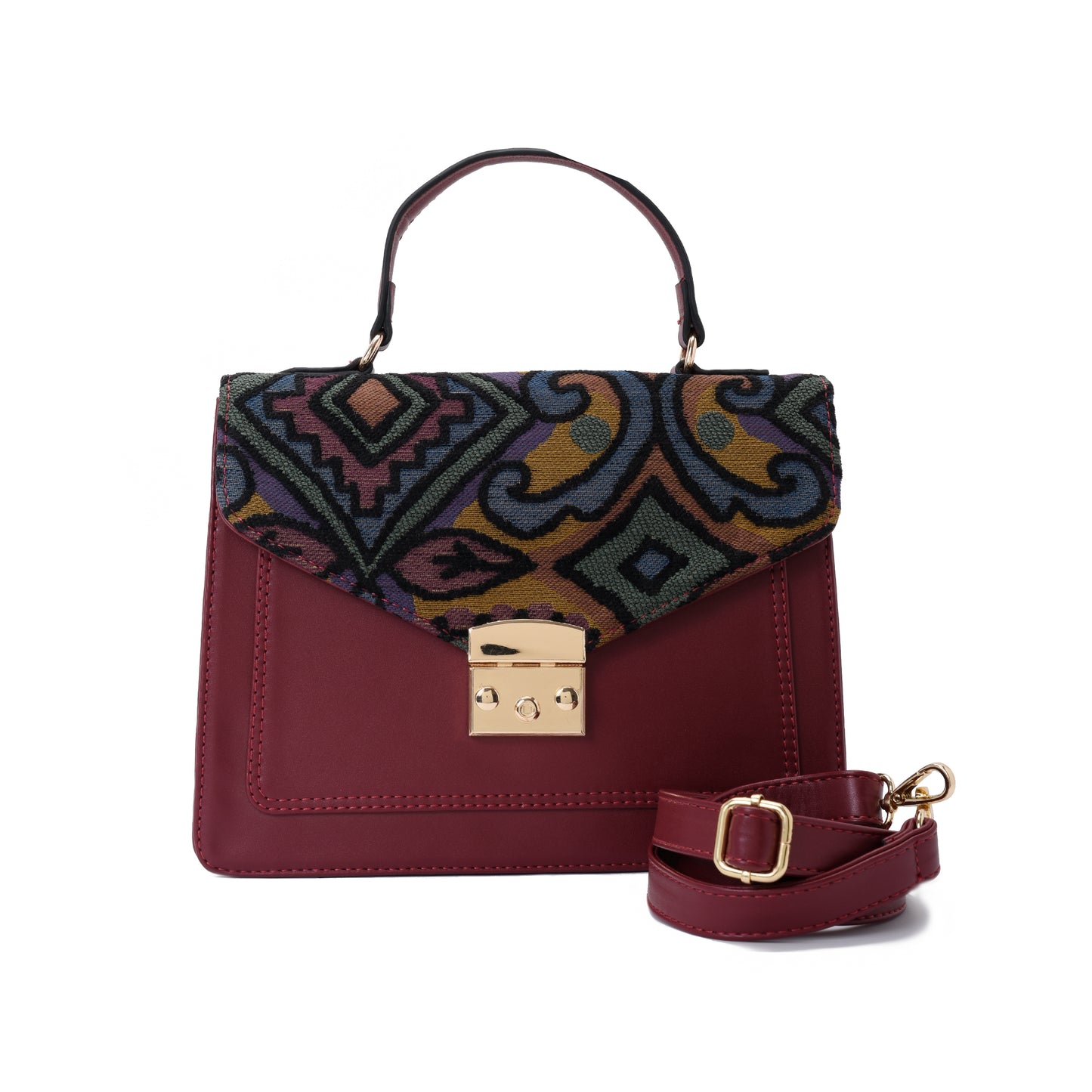 Burgandy Handbag with Colorful fabric- Code 905