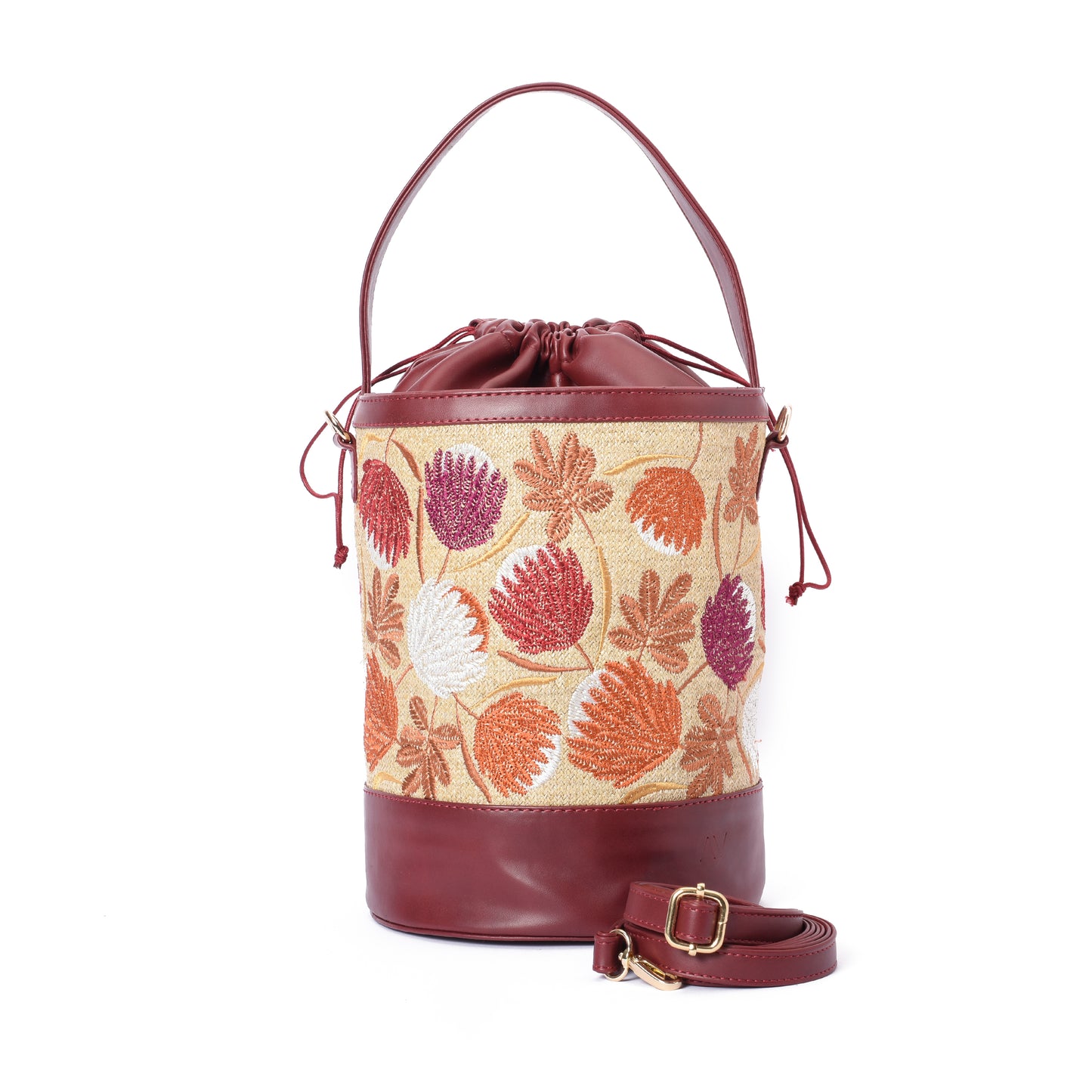 Long Bucket Beige Handbag with Burgundy belt -Code 920