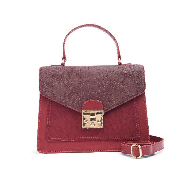 Burgundy Handbag with crocodile Texture leather - Code 900