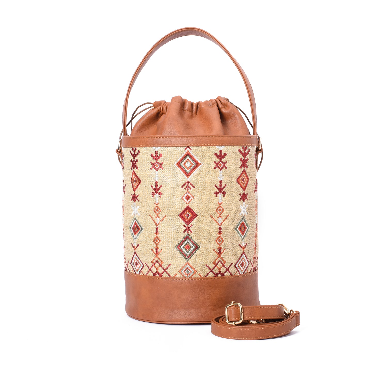 Long Bucket Beige Handbag with Brown belt -Code 920